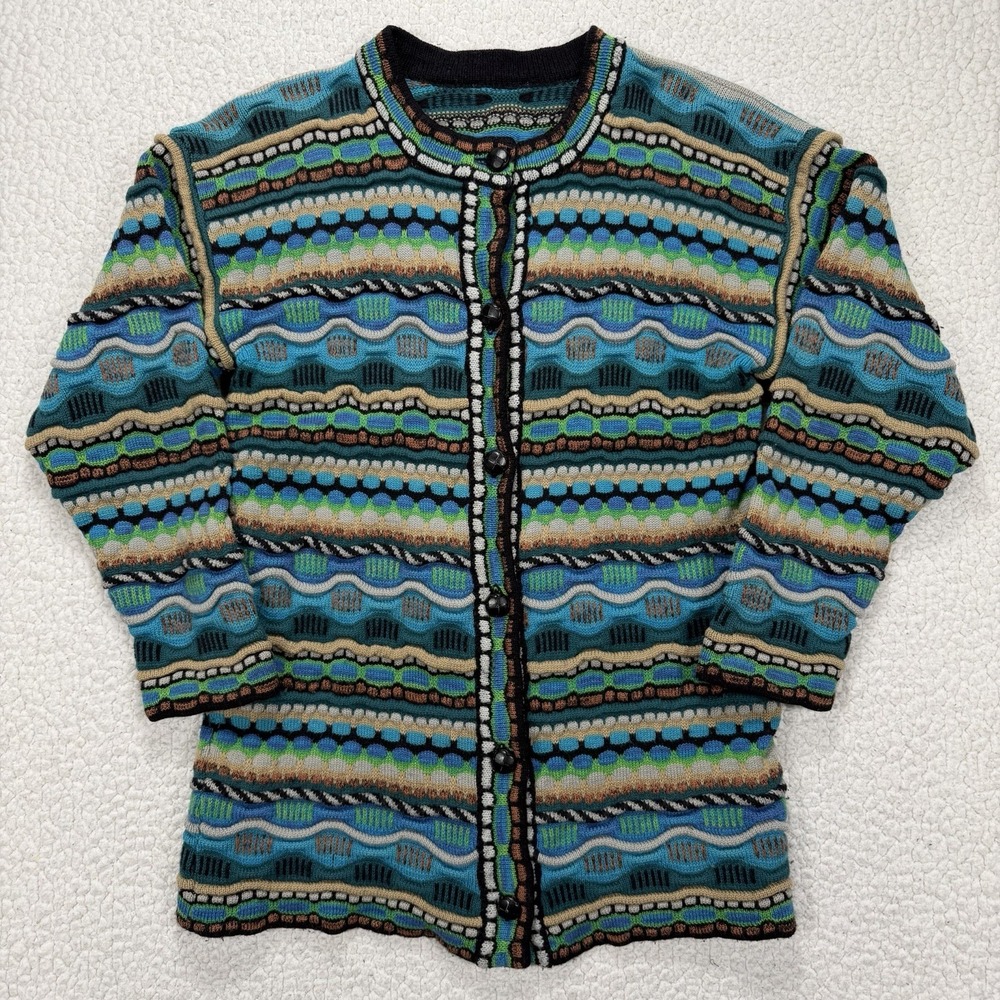 Coogi Style Cardigan Sweater Womens M Colorful Textured Knit Retro 90s Chunky 3D